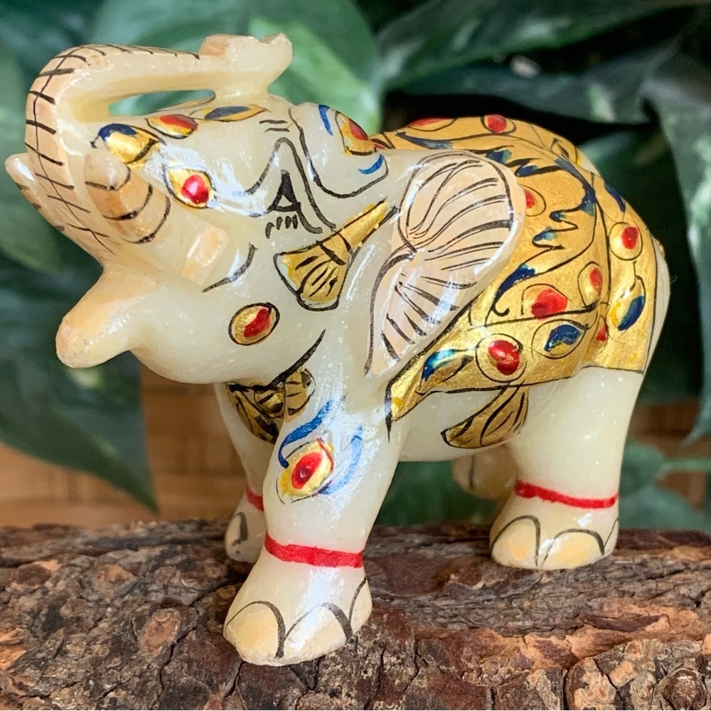 Marble Elephant Statue Trunk Up Hand Painted Indian Art home Decor Sculpture 3" - Picture 4 of 14